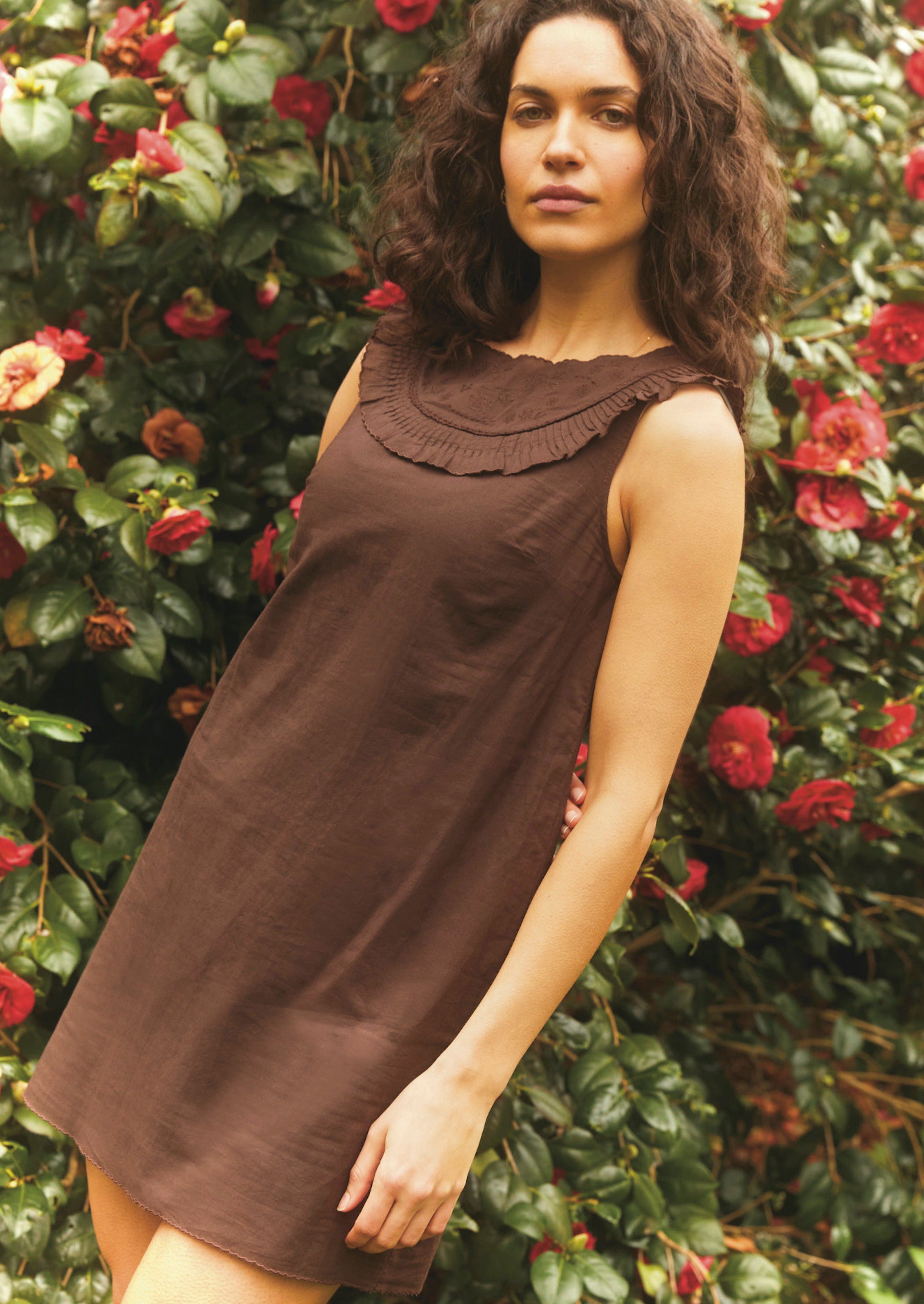 Cocoa Brown Organic Cotton Cotton Embroidered Mini Dress I ST. CLAIR