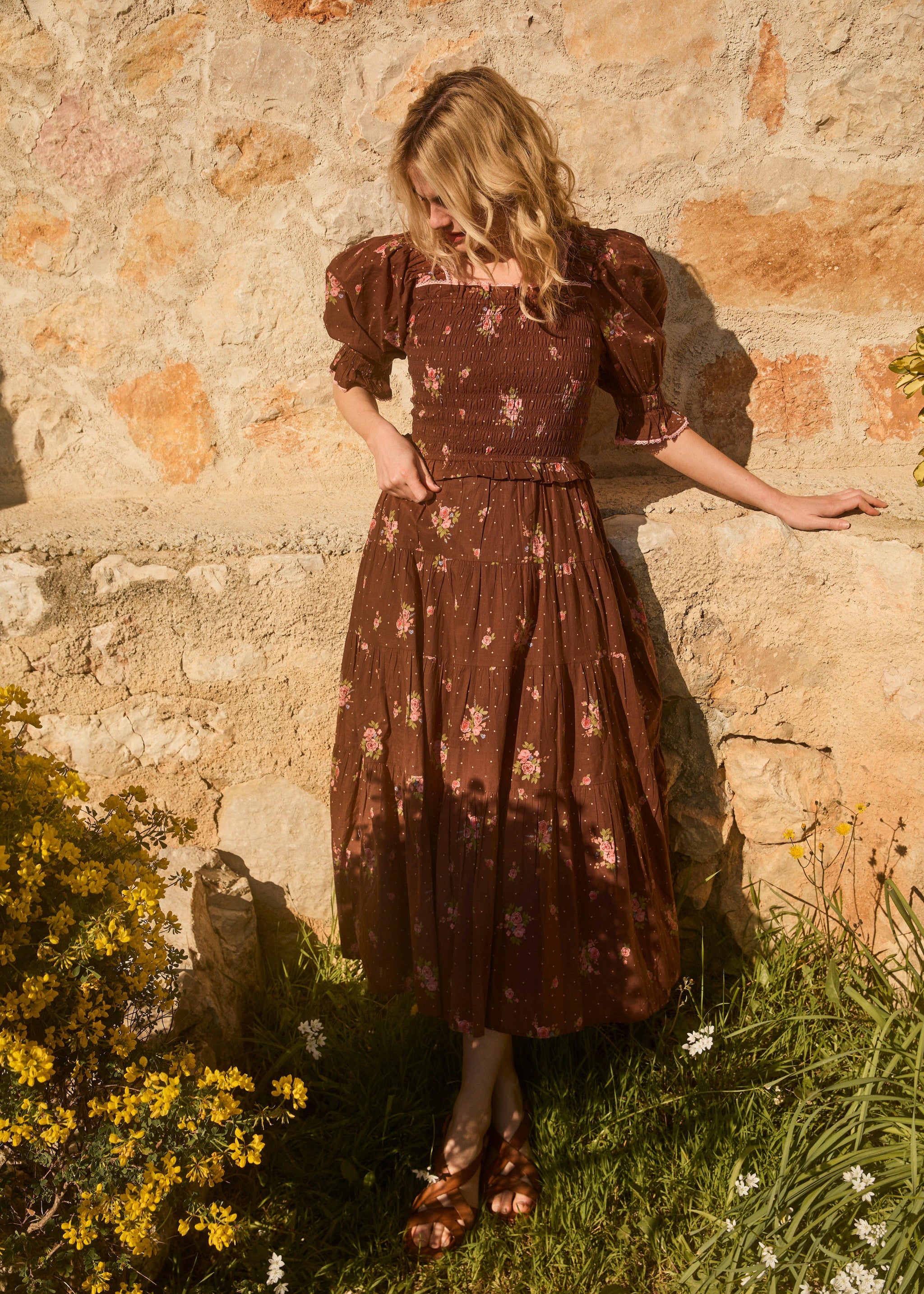 Brown floral puff sleeve prairie style shirred bodice organic cotton midi dress I ST. CLAIR Brown floral puff sleeve prairie style shirred bodice organic cotton midi dress I ST. CLAIR
