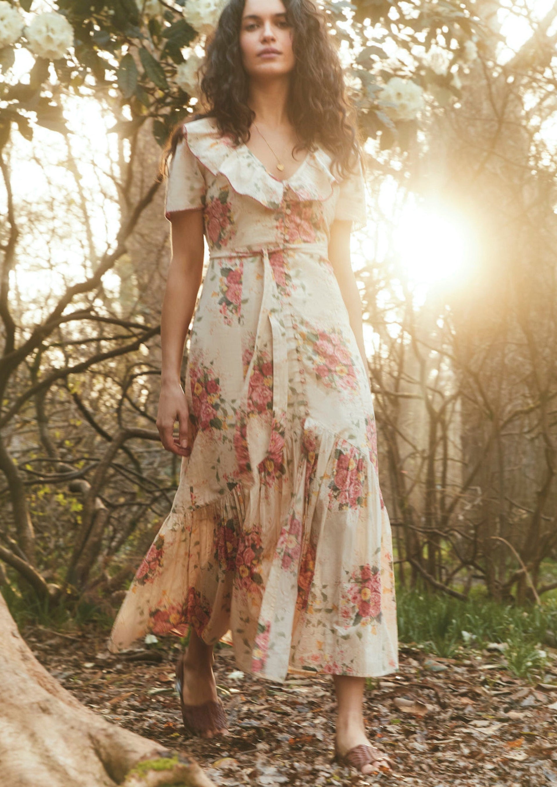 Oversized multi floral ruffle capped sleeve Midi dress with buttoned top  and kissing split skirt I ST. CLAIR