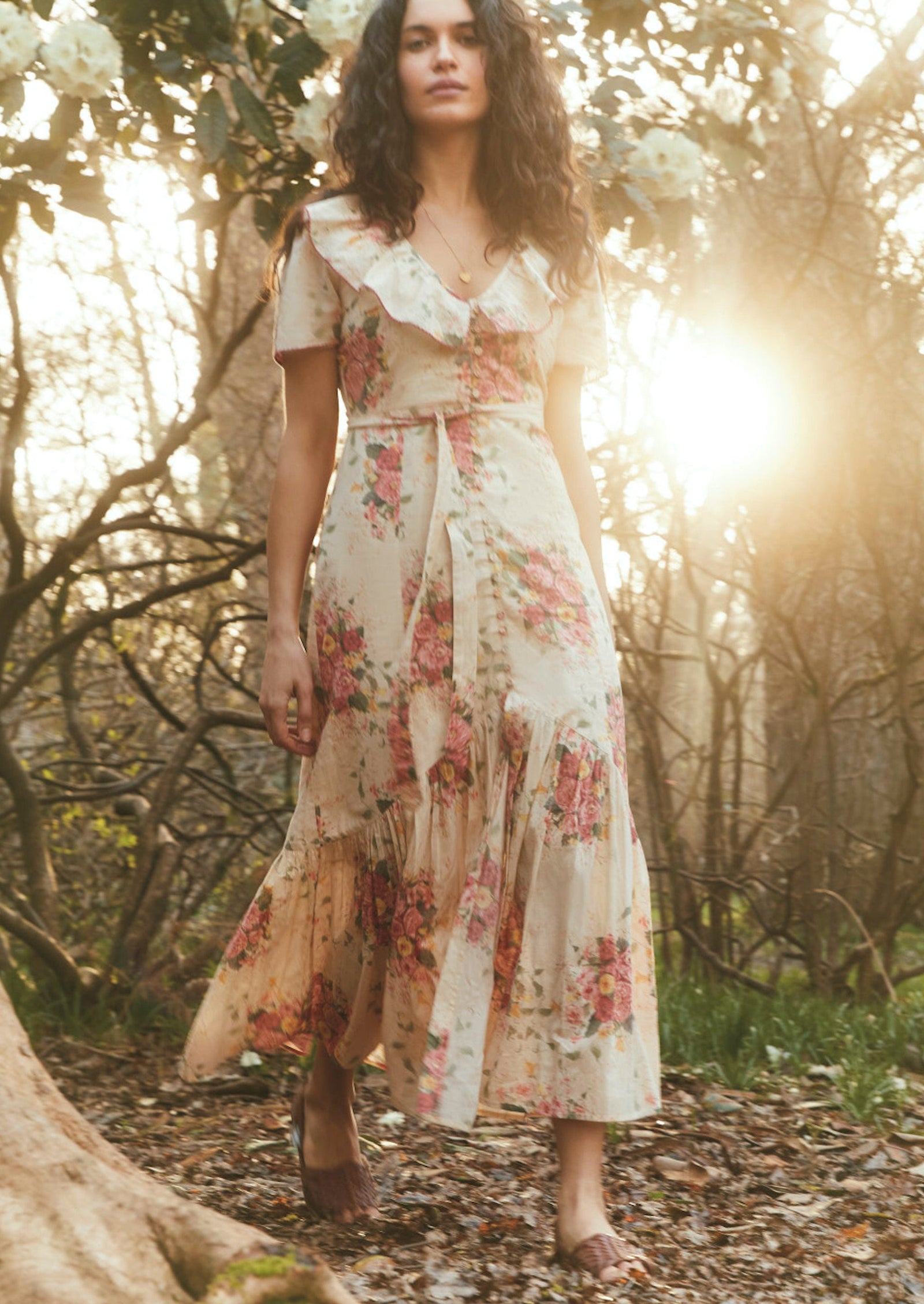 Oversized multi floral ruffle capped sleeve Midi dress with