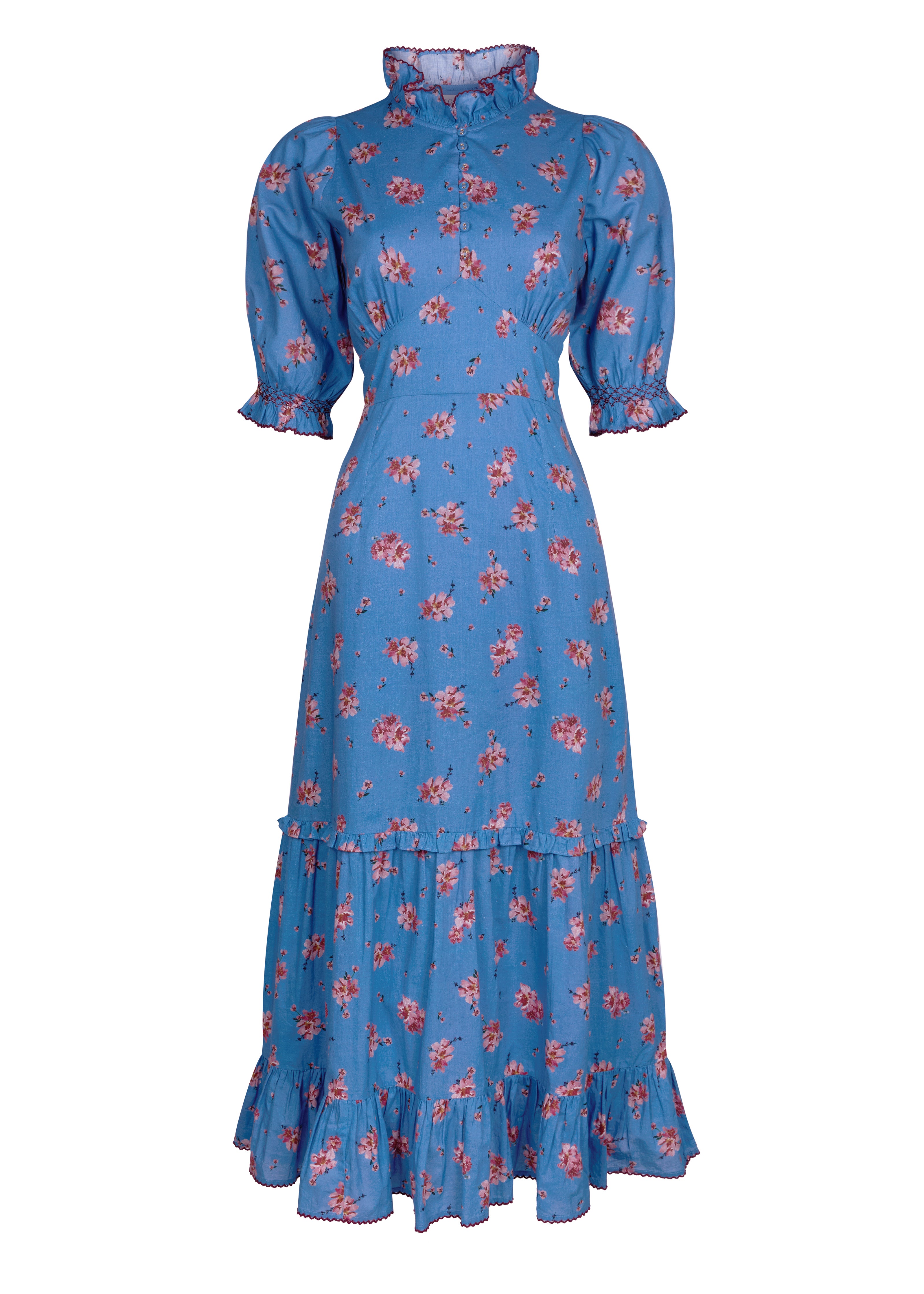 Peony Blue Floral Cotton Sleeve A-line Midi Dress I ST. CLAIR