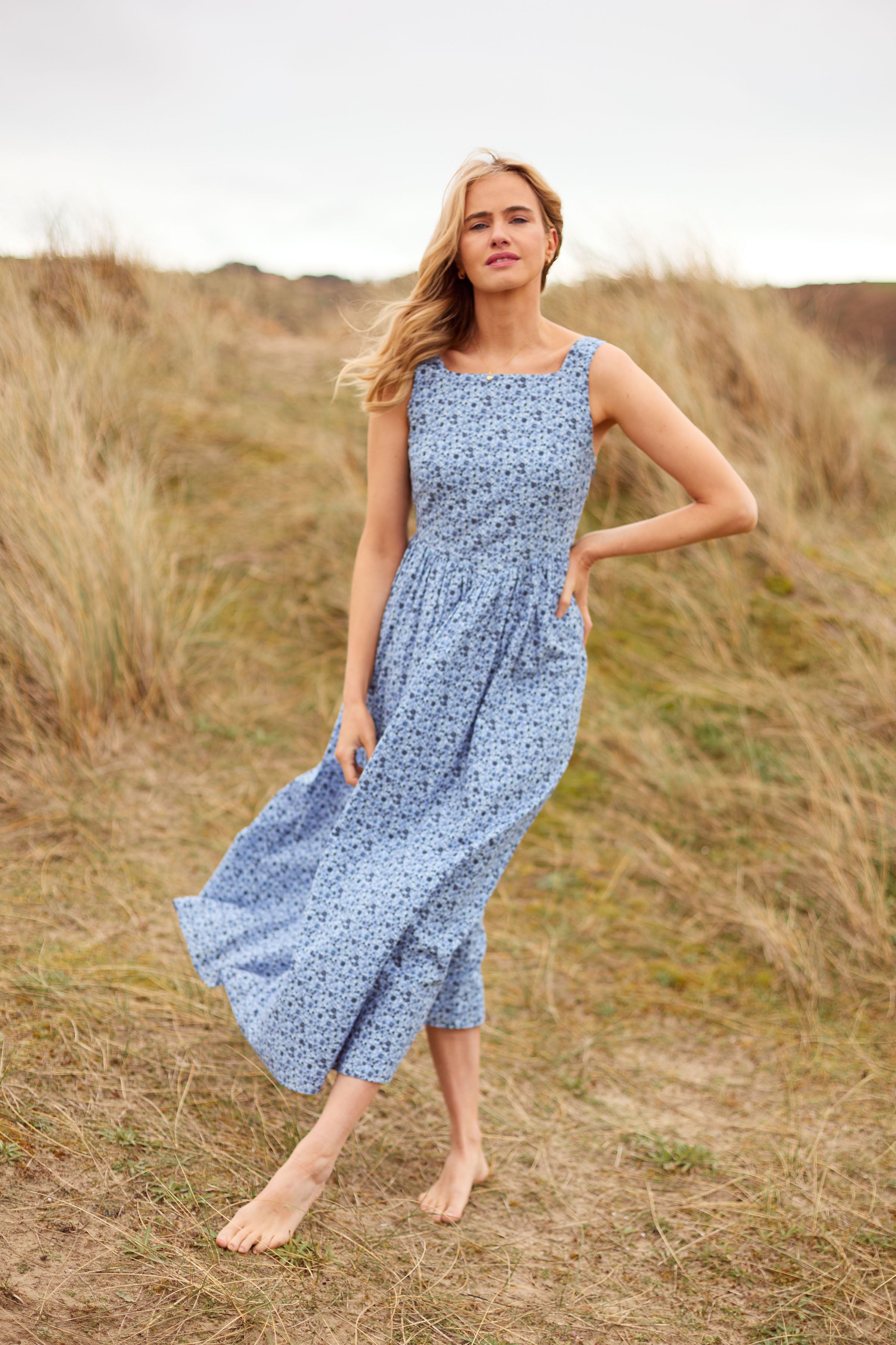Square neck strappy pink floral organic cotton midi sundress I ST
