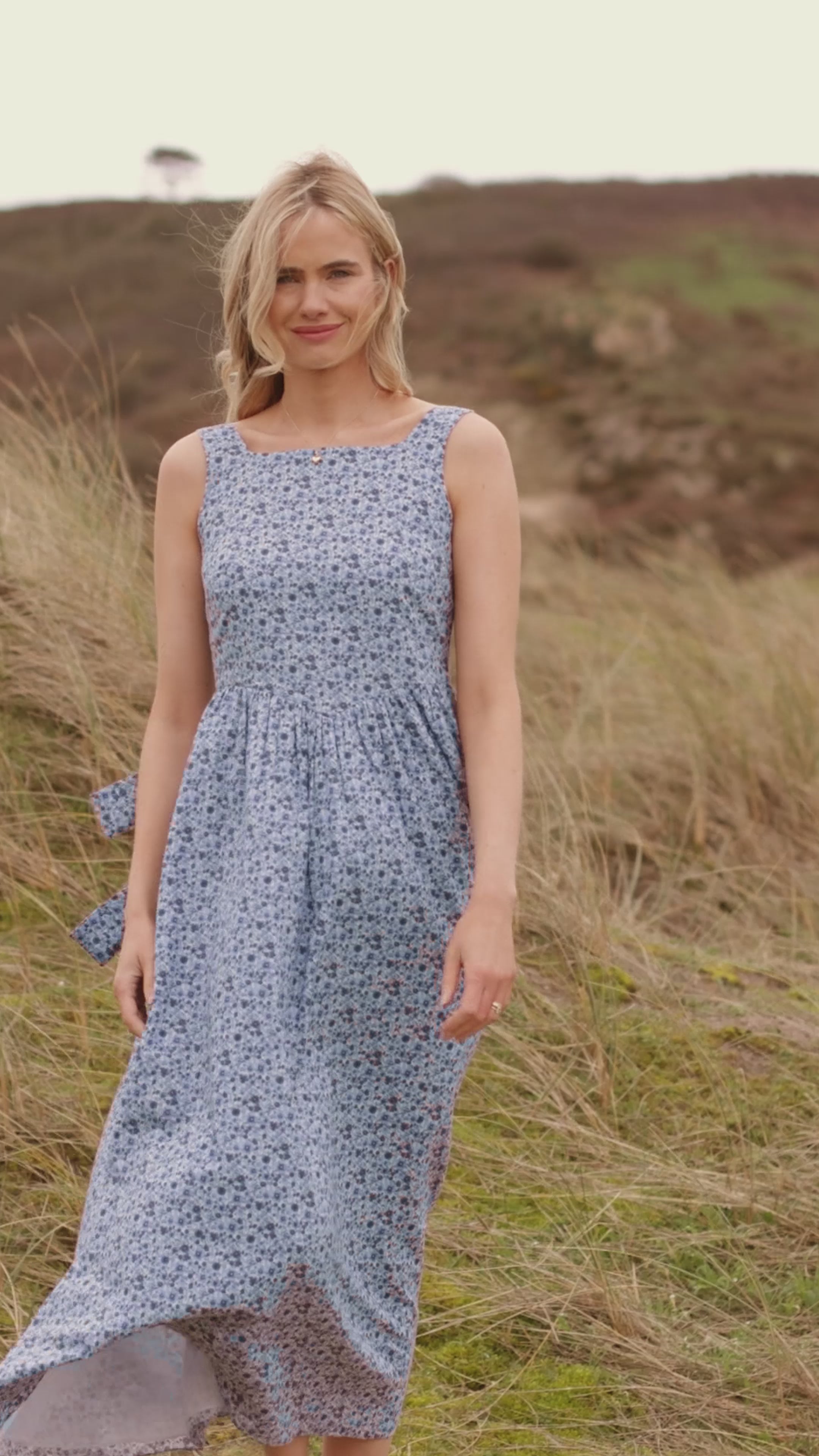 Square neck strappy pink floral organic cotton midi sundress I ST